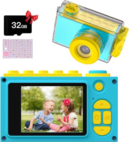Kriogor Kamera Kinder, wasserdichte Kids Digitalkamera und Videokamera mit HD 1080P/ 8 MP/ 2 Zoll Bildschirm/ 32G TF Karte, Geschenke für Kinder (Blau) von Kriogor