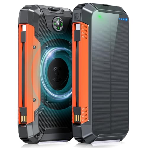 Solar Power Bank 49800mAh, Wireless Powerbank USB C mit 30W PD Schnellladung, 2 Kabeln, 4 Anschlüsse, 4 Ausgänge, 12-LED Taschenlampen, Wasserdichter Externer Akku für Camping, Outdoor (Orange) von Kruilan