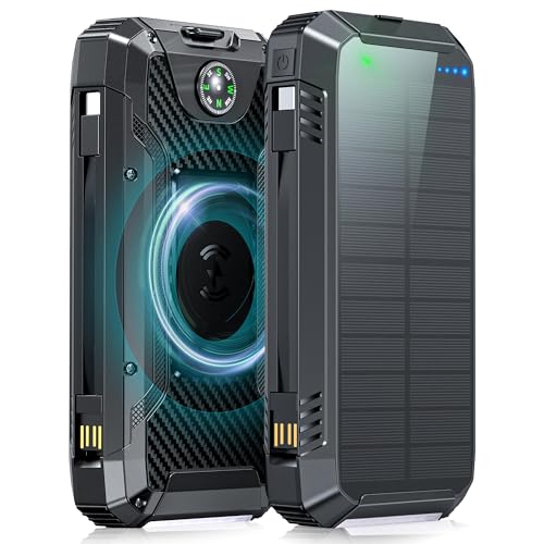 Solar Power Bank 49800mAh, Wireless Powerbank USB C mit 30W PD Schnellladung, 2 Kabeln, 4 Anschlüsse, 4 Ausgänge, 12-LED Taschenlampen, Wasserdichter Externer Akku für Camping, Outdoor (Schwarz) von Kruilan