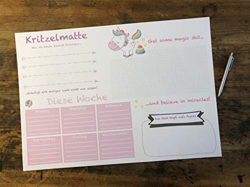 Schreibtischunterlage DIN A2 für Kinder Mädchen XXL EINHORN KRITZELMATTE Schreibunterlage mit 25 Blatt Papier zum Abreißen 'Get some magic shit' (1 Stück) von Krupp Verlag