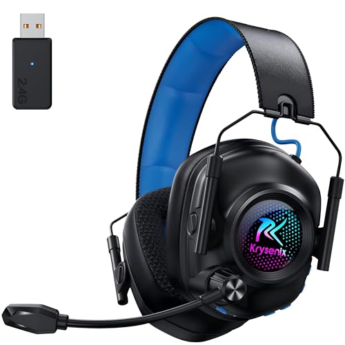 Krysenix KGH2 Gaming Headset Wireless, 2,4G Gaming Headset für PC, PS4, PS5, Mac, Switch, Bluetooth Kopfhörer Mit Mikrofon Geräuschunterdrückung, LED Licht, 40 Stunden Akkulaufzeit, Schwarz Blau von Krysenix
