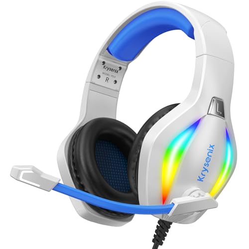 Krysenix PG1 RGB Gaming Headset für PS4, PS5, PC, Nintendo Switch, Xbox one, Headset mit Mikrofon, Gaming Kopfhörer mit Mikrofon, Noise Cancelling Kopfhörer mit 3.5mm Klinke Weiß/Blau von Krysenix