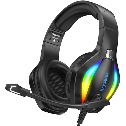 Krysenix PG1 RGB Gaming Headset für PS4/PC/Nintendo Switch/Xbox, PS5 Headset mit Mikrofon, Gaming Kopfhörer mit Mikrofon, Noise Cancelling Kopfhörer mit 3.5mm Klinke Schwarz von Krysenix