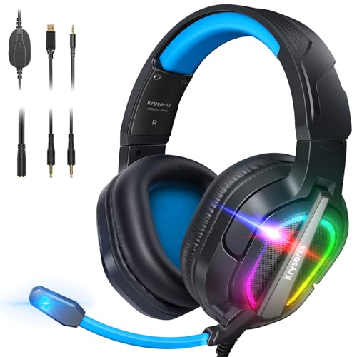 Krysenix PG2 RGB Gaming Headset für PS4/PC/Nintendo Switch/Xbox, PS5 Headset mit Mikrofon, Gaming Kopfhörer mit Mikrofon, Noise Cancelling Kopfhörer mit 3.5mm Klinke Schwarz/Blau von Krysenix