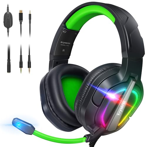 Krysenix PG2 RGB Gaming Headset für PS4/PC/Xbox, PS5 Headset mit Mikrofon, Gaming Kopfhörer mit Mikrofon, Noise Cancelling Kopfhörer mit 3.5mm Klinke Schwarz/Grün von Krysenix