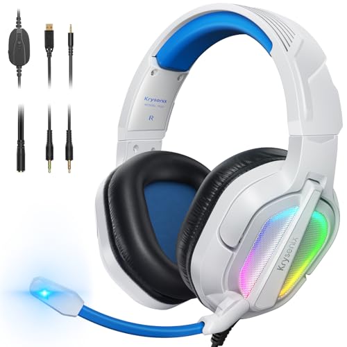 Krysenix PG2 RGB Gaming Headset für PS4/PC/Xbox, PS5 Headset mit Mikrofon, Gaming Kopfhörer mit Mikrofon, Noise Cancelling Kopfhörer mit 3.5mm Klinke Weiß/Blau von Krysenix