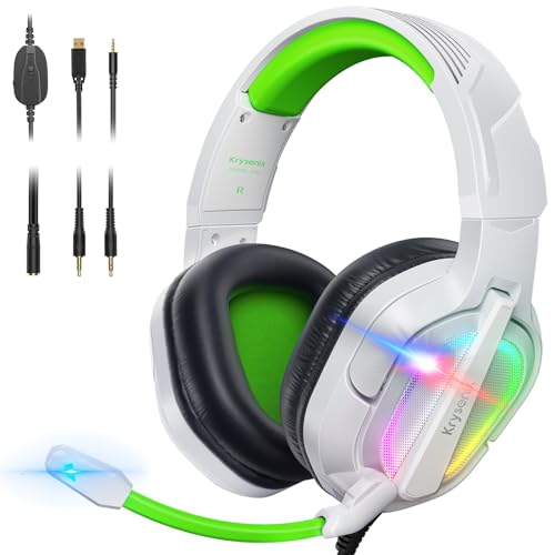 Krysenix PG2 RGB Gaming Headset für PS4/PC/Xbox, PS5 Headset mit Mikrofon, Gaming Kopfhörer mit Mikrofon, Noise Cancelling Kopfhörer mit 3.5mm Klinke Weiß/Grün von Krysenix