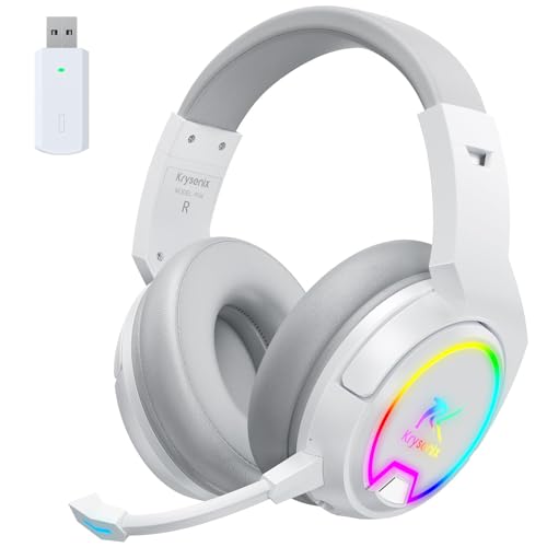 Krysenix PG4 RGB Wireless Gaming Headset für PS4, PS5, PC - 2.4GHz 7.1 Surround Sound, Bluetooth Gaming Kopfhörer mit abnehmbarem Mikrofon, 48-Stunden Akku für Laptop Switch Mac (Weiß) von Krysenix