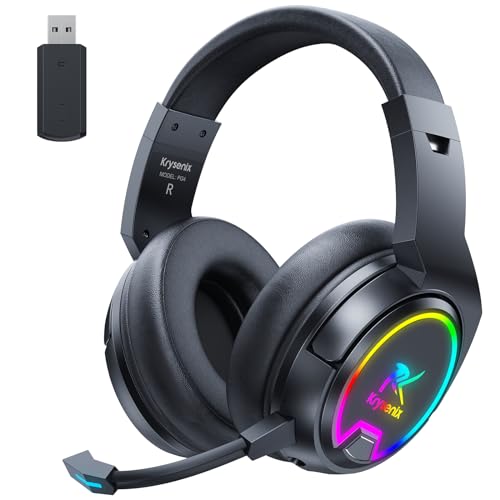 Krysenix PG4 RGB Wireless Gaming Headset für PS4,PS5,PC- 2.4GHz 7.1 Surround Sound, Bluetooth Gaming Kopfhörer mit abnehmbarem Mikrofon, 48-Stunden-Akku für Laptop Switch Mac (Schwarz) von Krysenix