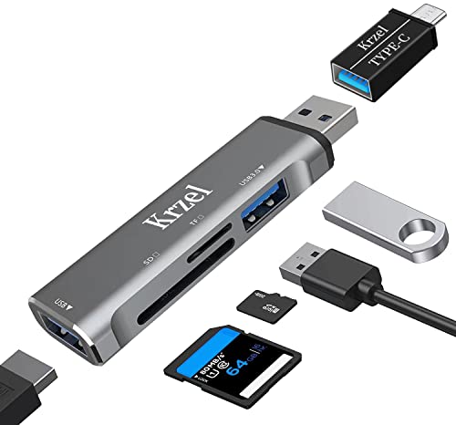 Krzel 4-in-1-USB-HUB 3.0 * 1 mit SD-Micro-SD-Kartenleser, kompatibel für PC, Laptops, MacBook, Drucker, Surface Pro, Maus, USB-Flash-Laufwerke und mehr von Krzel