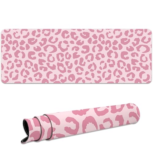 Ksriylm Gaming Mauspad,Schreibtischunterlage Leopard XL 800 x 300mm,Rutschfestes Schreibtischmatte mit Gummibasis,Genähte Kanten Laptop Schreibtischunterlage,Mauspad für Büro und Zuhause,Rosa von Ksriylm