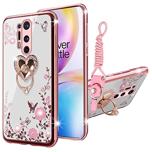 KuDiNi Für Oneplus 8 Pro Hülle für Frauen Glitzer Kristall Schmetterling Herz Blume Weich TPU Luxus Bling Niedlich Schutzhülle mit Diamant Ring Kickstand Strap für Oneplus 8 Pro (Roségold) von KuDiNi