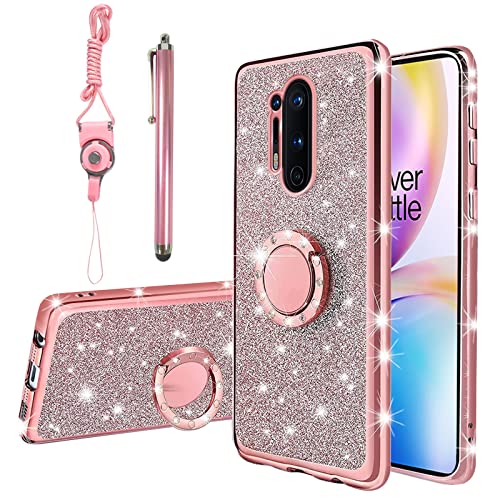 KuDiNi Schutzhülle für Oneplus 8 Pro für Damen, Glitzer, Kristall, weich, transparent, TPU, luxuriös, glitzernd, niedliche Schutzhülle mit Standfunktion, für OnePlus 8 Pro (Glitzer-Rose) von KuDiNi