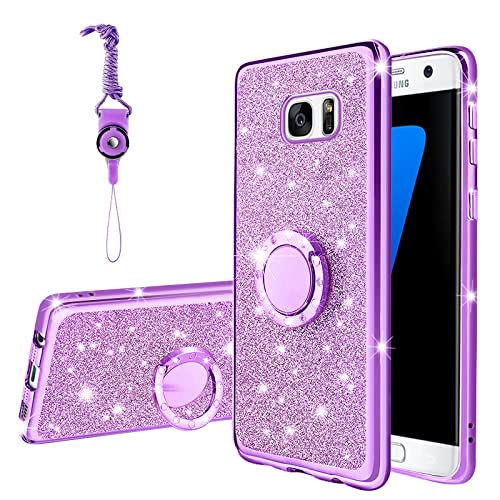 KuDiNi Für Samsung Galaxy S7 Edge Hülle, Galaxy S7 Handyhülle für Frauen Glitzer Kristall Weich Klar TPU Luxus Bling Niedlich Schutzhülle mit Ständer Gurt für S7 Edge Hülle (Glitzer Lila) von KuDiNi