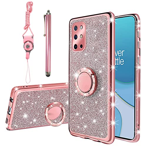 KuDiNi Oneplus 8T Hülle, Hülle für OnePlus 8T 5G für Frauen, niedlicher Glitzer, Kristall, weich, transparent, TPU, Luxus-Bling-Schutzhülle mit Ständergurt für Oneplus 8T Hülle (2020) (Roségold) von KuDiNi