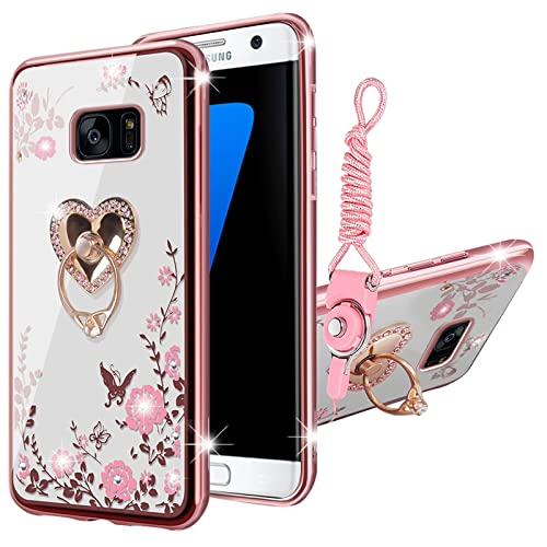 KuDiNi Samsung Galaxy S7 Hülle, Samsung Galaxy S7 Handyhülle für Damen, Glitzer, Kristall, weich, glitzernd, niedliches Schmetterling, transparent, Schutzhülle mit Ständer + Gurt für S7 (Roségold) von KuDiNi