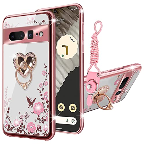 Kudini Schutzhülle für Google Pixel 7 Pro für Damen, glitzernd, weich, transparent, Schutzhülle mit Ständer und Gurt für Google Pixel 7 Pro 5G 17 cm (6.7 Zoll) (Roségold) von KuDiNi
