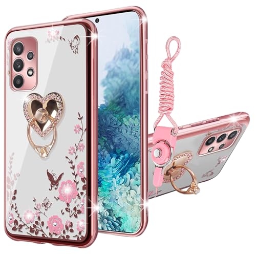 Kudini Schutzhülle für Samsung Galaxy A32 5G, A32 5G, Handyhülle für Frauen, Glitzer, Kristall, weiches TPU, Bling, transparent, Schutzhülle mit Ständer und Riemen für Samsung A32 (Roségold) von KuDiNi