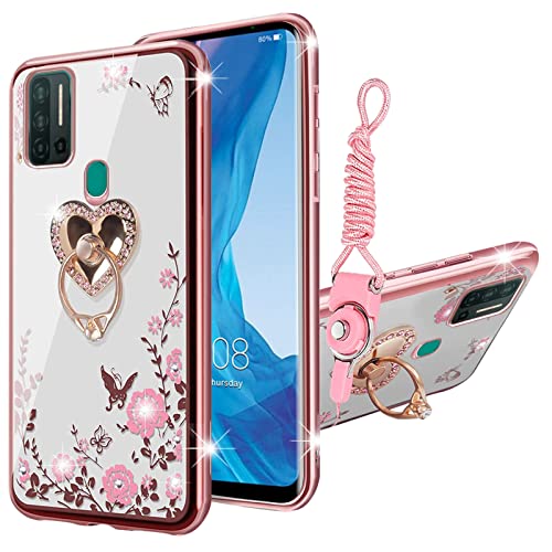 Kudini Schutzhülle für Ulefone Note 11P für Frauen, Mädchen-Glitzer, weich, TPU, glitzernd, niedlich, Schmetterling, Herz, Blumenmuster, mit Ständer und Riemen, für Ulefone Note 11P (Roségold) von KuDiNi