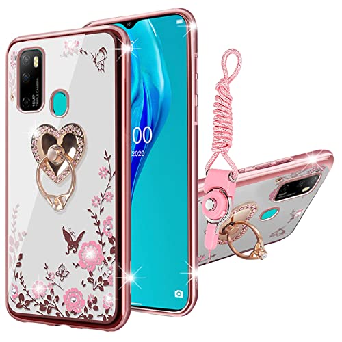 Kudini Schutzhülle für Ulefone Note 9P für Frauen, Mädchen-Glitzer, weiches TPU, glitzernd, niedlich, Schmetterling, Herz, Blumenmuster, mit Ständer und Riemen, für Ulefone Note 9P (Roségold) von KuDiNi