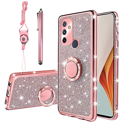 Kudini für OnePlus Nord N100 Handyhülle für Frauen Glitzer Kristall Weich Klar TPU Luxus Bling Niedlich Schutzhülle mit Ständer Gurt für OnePlus Nord N100 (Glitzer Rose) von KuDiNi
