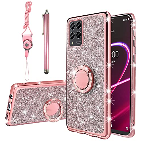 Revvl 6 Pro 5G Hülle, Revvl 6 Pro 5G Handyhülle für Frauen Glitzer Kristallklar TPU Luxus Schutzhülle mit Kickstand Strap für T-Mobile Revvl 6 Pro 5G/6X Pro/T Phone Pro 5G (Glitter Rose) von KuDiNi