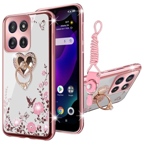 Schutzhülle für Motorola Moto Edge 2025 für Damen, Glitzer, weiches TPU, luxuriös, Kristall, Schmetterling, Herz, Blumenmuster, Schutzhülle mit Ringständer und Schlaufe, Roségold Schutzhülle für Motorola Moto Edge 2025 für Damen, Glitzer, weiches TPU, luxuriös, Kristall, Schmetterling, Herz, Blumenmuster, Schutzhülle mit Ringständer und Schlaufe, Roségold von KuDiNi