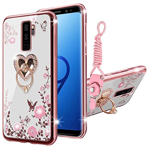 Schutzhülle für Samsung Galaxy S9 Plus, Galaxy S9 Plus für Frauen, glitzernd, Kristall, weich, niedliches Schmetterling, transparent, Schutzhülle mit Ständer + Gurt für Galaxy S9 Plus (Roségold) von KuDiNi