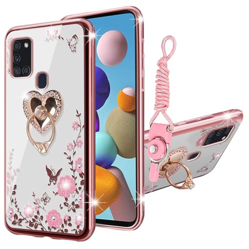 Schutzhülle für Samsung Galaxy A21s, für Damen, Glitzer, Kristall, weiches TPU, glitzernd, niedliches Schmetterlings-Herz, Blumenmuster, transparente Schutzhülle mit Ständer und Schlaufe, für Samsung von KuDiNi