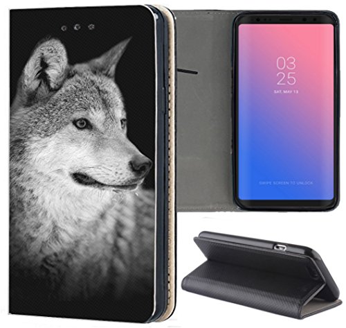 KuMo Hülle für Samsung Galaxy S9 Plus Handyhülle Design 1612 Wolf Schwarz Grau aus Kunstleder Schutzhülle Smart Cover Klapphülle Handy Case Hülle für Samsung Galaxy S9 Plus von KuMo