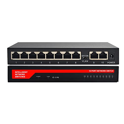 KuWFi 10-Ports Gigabit Netzwerk Switch, LAN Switch RJ45 Port Fast Ethernet Switch, LAN Splitter, LAN Verteiler 10/100/1000Mbps, Metal Fanless Plug and Play,Geeignet für Büro und Zuhause von KuWFi