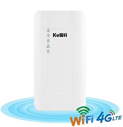 KuWFi 4G SIM Router, KuWFi 300 Mbps 4G LTE CPE Router mit POE Adapter Outdoor LTE Router CAT4 mit SIM Card Slot Wasserdicht WiFi Router für IP Kamera/Outside WiFi Coverage von KuWFi