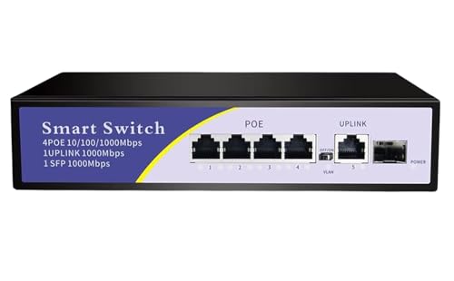 KuWFi 5 Port Gigabit PoE Switch, Plug-and-Play Gigabit Switch LAN Splitter, LAN Verteiler, LAN Switch (4 x 10/100/1000Mbps-POE-Ports, IEEE-802.3af/at PoE, VLAN, lüfterlos, Robustes Metallgehäuse) von KuWFi