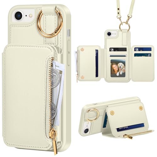 Handyhülle für iPhone SE 2022 5G/2020, Hülle für iPhone 6/iPhone 7/iPhone 8 mit Band [6 Kartenfach][Schlüsselanhänger]Handykette Flip Wallet Lederhülle für iPhone SE 2022/SE 2020/8/7/6, Antik weiß von Kuafcase