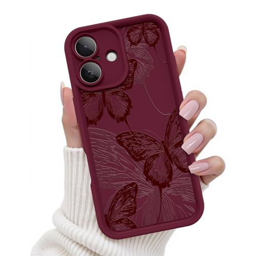 Kuafcase für iPhone 16 Hülle, Silikon Handyhülle mit Seidig-Weicher Berühren Kameraschutz, Stoßfeste Kratzfeste Schutzhülle für iPhone 16 Case, Butterfly Burgundy von Kuafcase