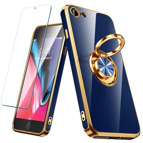 Kuafcase für iPhone SE 2022 Hülle iPhone 8/7 Hülle iPhone SE 2020 Hülle mit 1 Stück Panzergla, mit [360° Ring] [Magnetständer] Silikon Handyhülle, Galvanisierte Dünne TPU Schutzhülle, Marineblau von Kuafcase