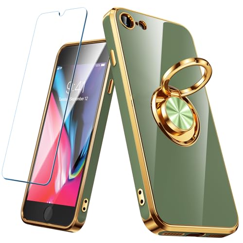 Kuafcase für iPhone SE 2022 Hülle iPhone 8/7 Hülle iPhone SE 2020 Hülle mit 1 Stück Panzergla, mit [360° Ring] [Magnetständer] Silikon Handyhülle, Galvanisierte Dünne TPU Schutzhülle, Bohnengrün von Kuafcase