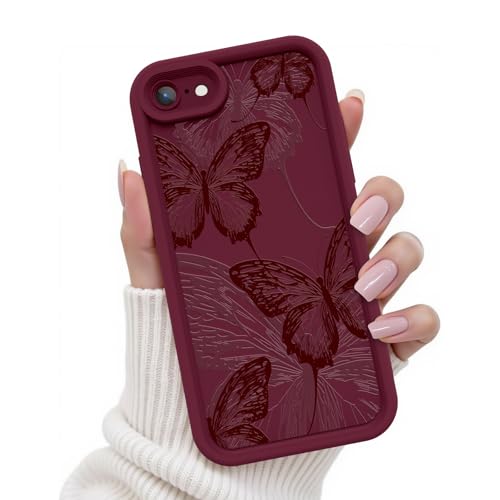 Kuafcase für iPhone SE Hülle, iPhone 7/8 Hülle, Silikon Handyhülle mit Seidig-Weicher Berühren Kameraschutz, Stoßfeste Kratzfeste Schutzhülle für iPhone SE/7/8 Case, Butterfly Burgundy von Kuafcase