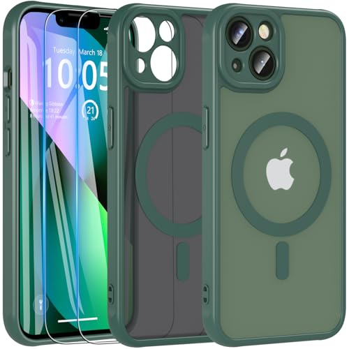 Kuaguozhe 3 in 1 für iPhone 13 Hülle mit 2 Stück Panzer Schutz Glas, Kompatibel mit MagSafe, Magnetische Handyhülle Stoßfest Kratzfest Matt Schutzhülle Case für iPhone 13 (Grün) von Kuaguozhe