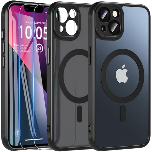 Kuaguozhe 3 in 1 für iPhone 13 Hülle mit 2 Stück Panzer Schutz Glas, Kompatibel mit MagSafe, Magnetische Handyhülle Stoßfest Kratzfest Matt Schutzhülle Case für iPhone 13 (Schwarz) von Kuaguozhe