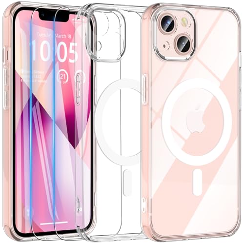 Kuaguozhe 3 in 1 für iPhone 13 Hülle mit 2 Stück Panzer Schutz Glas, Kompatibel mit MagSafe, Magnetische Handyhülle Stoßfest Kratzfest Matt Schutzhülle Case für iPhone 13 (Transparent) von Kuaguozhe
