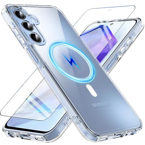 Kuaguozhe Magnetisch für Samsung Galaxy A25 5G Hülle, Samsung A25 5G Hülle mit Panzer Schutz Glas, Schutzhülle Stoßfest Kratzfest Handyhülle Case für Samsung Galaxy A25 5G (Transparent) von Kuaguozhe