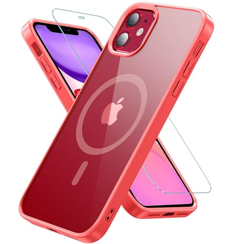 Kuaguozhe für iPhone 11 Hülle, Magnetisch Handyhülle iPhone 11 mit Panzer Schutz Glas, Kompatibel mit MagSafe, Rundumschutz Stoßfest Transparent Rückseite Schutzhülle für iPhone 11 6,1 Zoll (Rot) von Kuaguozhe