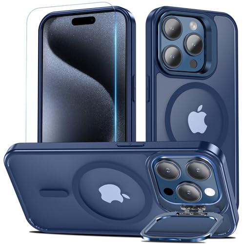 Kuaguozhe für iPhone 15 Pro Hülle, Handyhülle für iPhone 15 Pro mit Schutzfolie, Kompatibel mit MagSafe, integrierter Versteck Ständer Magnetisch Case Stoßfest Schutzhülle für iPhone 15 Pro (Blau) von Kuaguozhe