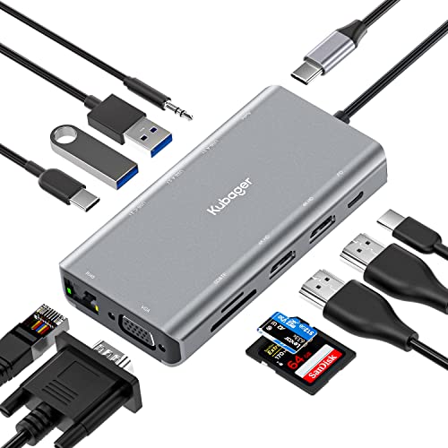 Kubager USB C Hub – USB C Adapter 11 in 1 mit Zwei 4K HDMI, 2 USB-A 3.1, 1 USB-C 3.1, PD 100W, SD/TF, Ethernet 1000M, 1 VGA, 1 Audio 3.5mm, für MacBook Pro/Air, Laptop und mehr Typ-C-Geräte. von Kubager