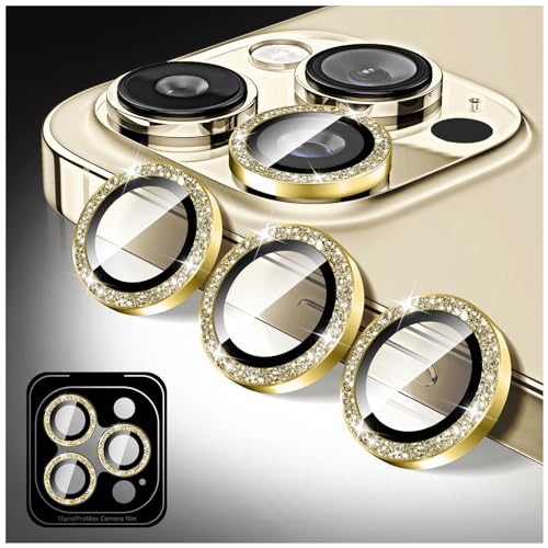 Glitzer Kameraschutz für iPhone 13 Pro/iPhone 13 Pro Max, Kucheed 9H Gehärtetes Glas Kameraobjektivschutz, Kamera-Abdeckungsfolie Aufkleber, Funkelnde Automatische Ausrichtung Individuelle Metallringe von Kucheed