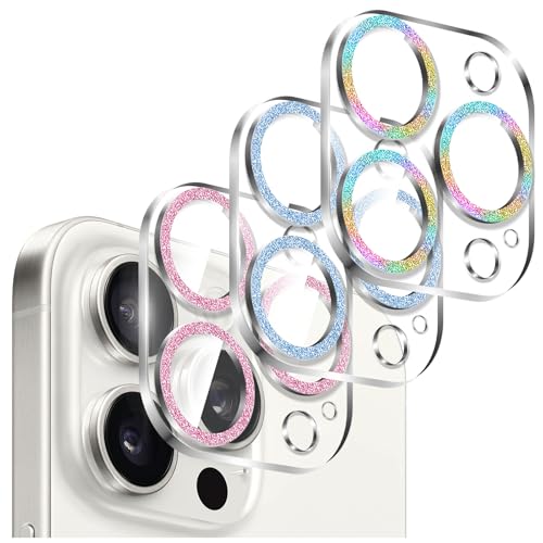 Kucheed 3 Stück Glänzender Kamera Schutz für iPhone 13 Pro/iPhone 13 Pro Max, Einteiliges Klares Acrylgehäuse mit Farbenfrohem, Funkelndem Glitzerdesign Dekorativem Rückkameradeckel von Kucheed