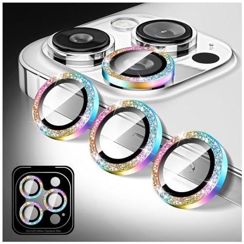 Kucheed Glitzer Kameraschutz für iPhone 15 Pro/iPhone 15 Pro Max, Gehärtetes Glas Kameraobjektivschutz, Kamera Abdeckungsfolie Aufkleber, Funkelnde Automatische Ausrichtung Metallringe von Kucheed