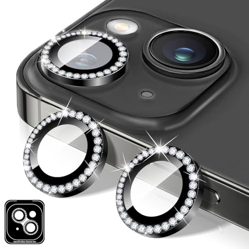 Kucheed Kameraschutz für iPhone 14/iPhone 14 Plus, Bling Diamant Kameraabdeckung aus Gehärtetem Glas, Automatische Ausrichtungsmetallringe, Glitzer Kamera Objektiv Schutz Aufkleber von Kucheed