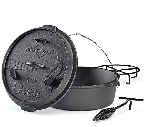 Küchenprofi BBQ Dutch Oven Gusseisen, 5,5L, Ø 30 cm, ohne Füße, fertig eingebrannter, gusseiserner Topf mit Deckelheber, für den Grill, Feuerstellen, alle Herdarten (inkl. Induktion) und Backofen von Küchenprofi